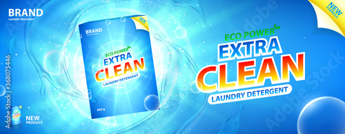 Laundry detergent promo banner. Vector illustration with realistic box of laundry detergent with bright design. Horizontal banner with water splashes and bubbles on blue background.