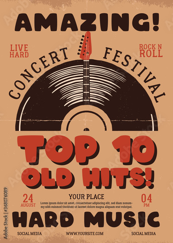 Retro Music flyer A4 format. Top 10 old hits poster graphic design with guitar and text. Stock vector hard music card