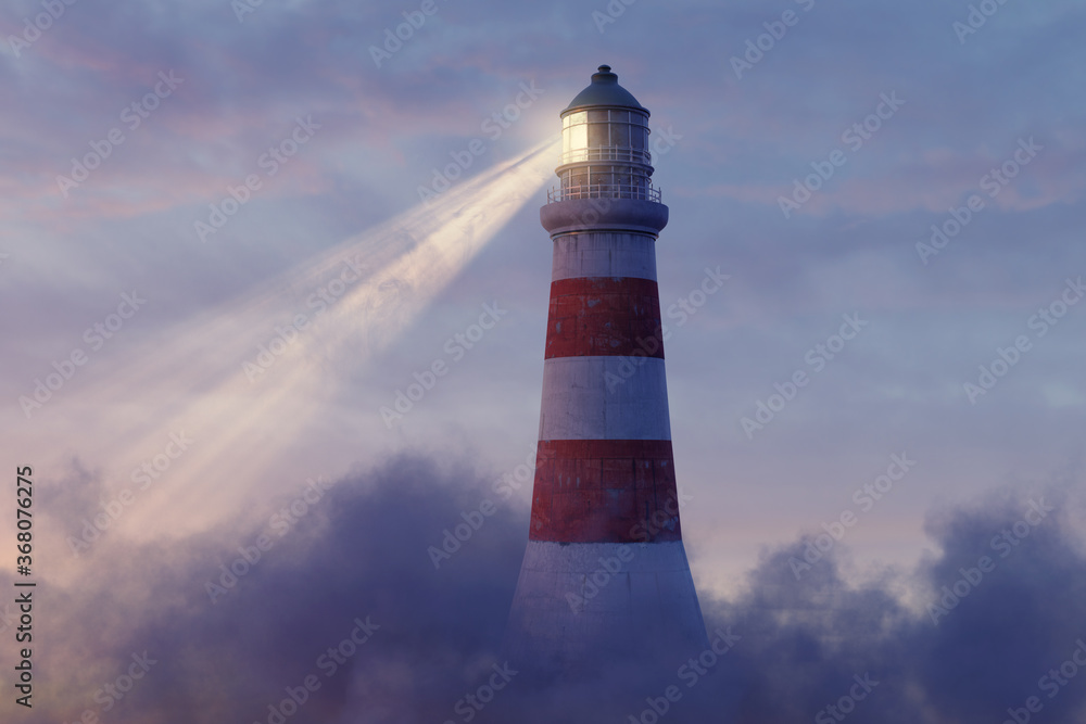Leuchtturm über Wolken wirft Lichtstrahlen ins Wolkenmeer. 3D Rendering