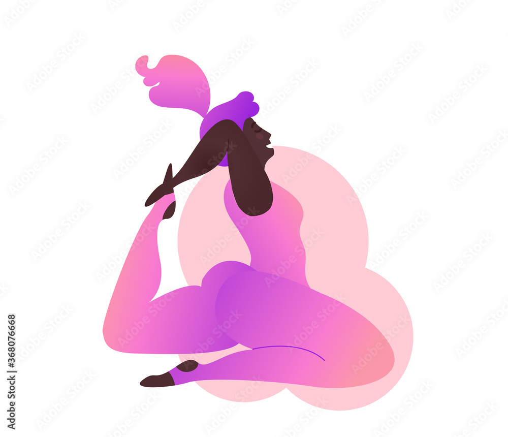 Plus size black curvy lady doing yoga class. Vector illustration isolated on white. Online home workout concept. Body positive. Attractive African American woman. Kapotasana or Pigeon Po Plus size black curvy lady doing yoga class. Vector illustration isolated on white. Online home workout concept. Body positive. Attractive African American woman. Kapotasana or Pigeon Po