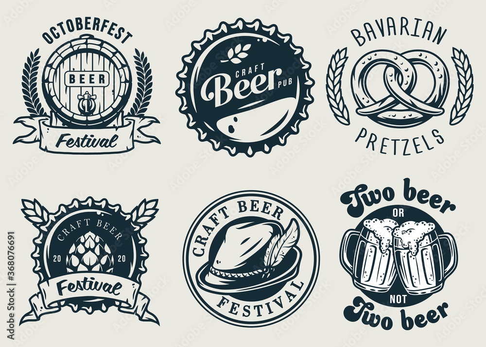 Set of emblems with beer barrel, hop and mug
