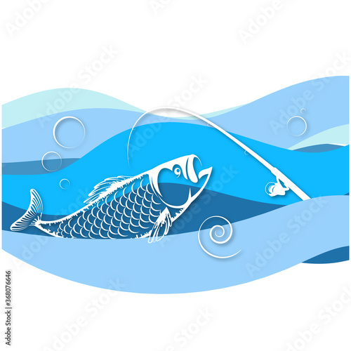 Fish silhouette and fishing rod on blue wave design