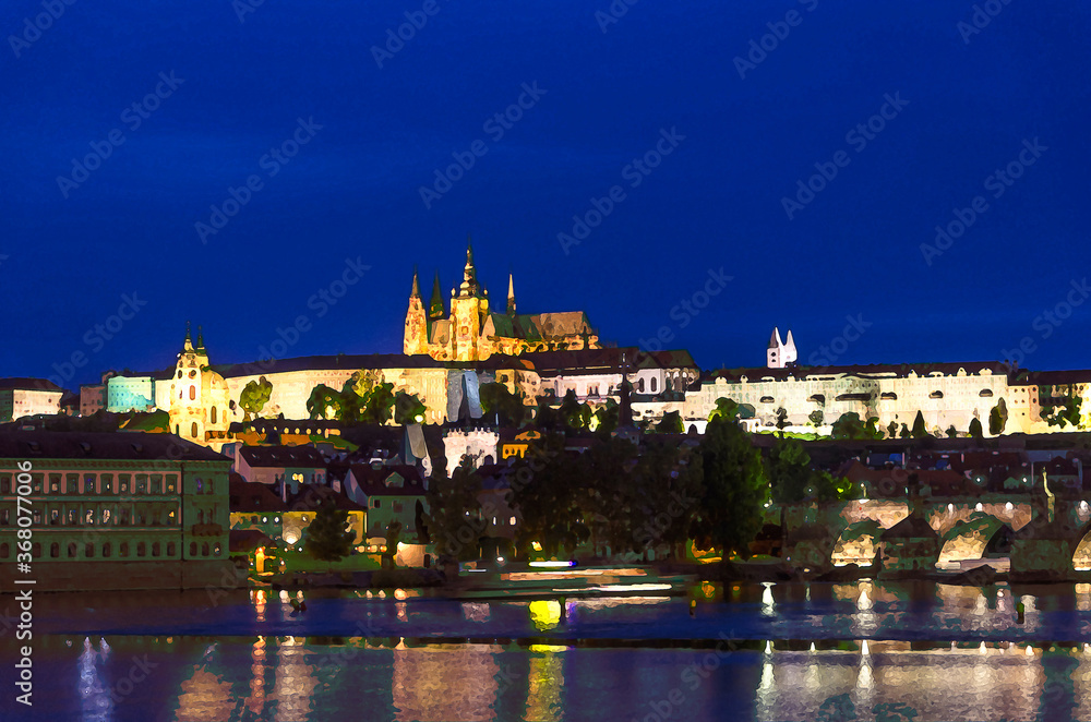 Fototapeta premium Watercolor drawing of View of Prague old town, historical center with Prague Castle, St. Vitus Cathedral, Charles Bridge Karluv Most, Vltava river, night twilight evening, Bohemia, Czech Republic