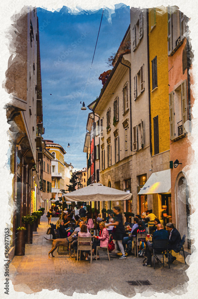 Watercolor drawing of Brescia, Italy: Typical italian narrow street with traditional old buildings and street restaurant with people having dinner, historical centre, evening twilight view, Lombardy