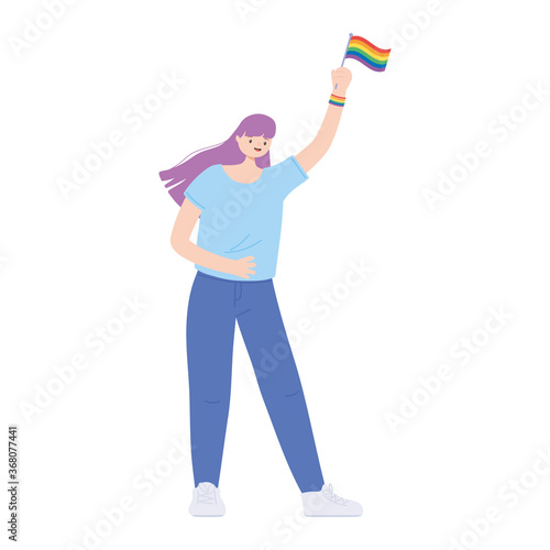 lgbtq community pride, young woman rainbow flag in hand cartoon isolated icon design