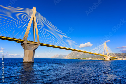 The Rion-Antirion Bridge connects the Peloponnese Peninsula with mainland Greece, this Cable-stayed road bridge with pedestrian sidewalks over the Gulf of Corinth, Greece