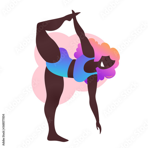 Plus size black curvy lady doing yoga class. Vector illustration isolated on white. Online home workout concept. Body positive. Attractive African American woman. Natarajasana or Lord of Dance Pose.