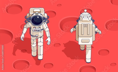 Spaceman in spacesuit on planet surface front and back view. Astronaut on Mars. Vector illustration.