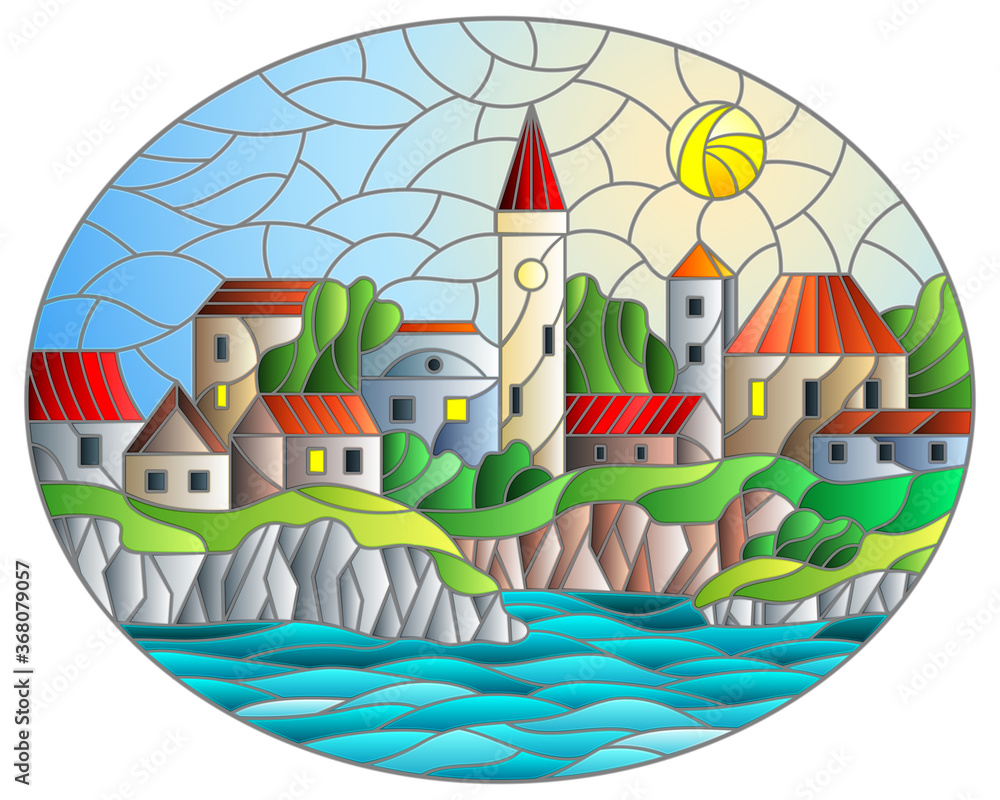 Illustration in stained glass style with river and city on the background of the daytime sky and the sun, oval image