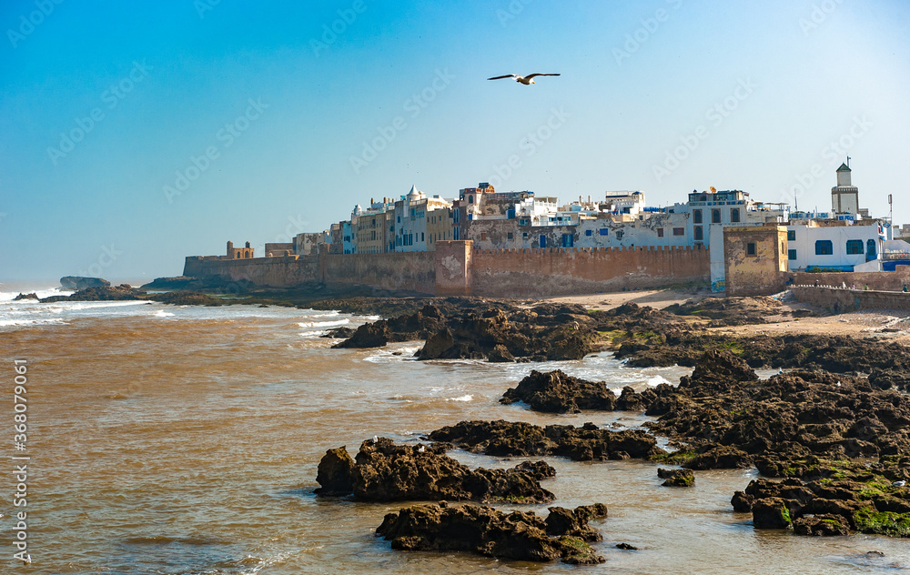 Panoramic view of Essaouira city walls, Morocco. 