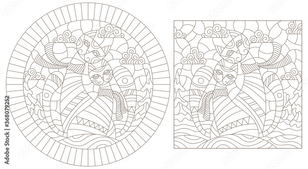 Set of contour illustrations of stained glass Windows with a pair of cats against a winter landscape, dark outlines on a white background Set of contour illustrations of stained glass Windows with a pair of cats against a winter landscape, dark outlines on a white background
