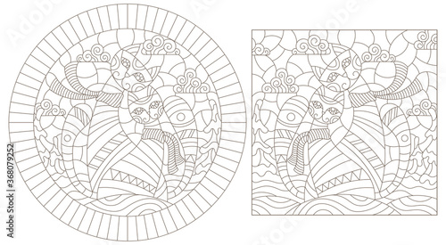 Wallpaper Mural Set of contour illustrations of stained glass Windows with a pair of cats against a winter landscape, dark outlines on a white background Torontodigital.ca