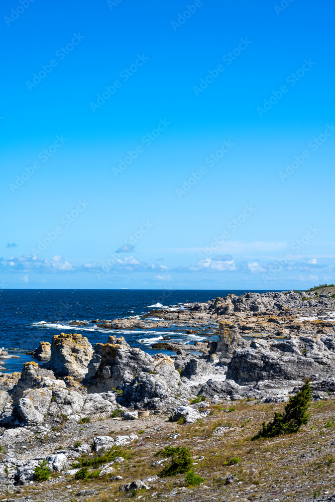 Limestone stacks on the coast of the island of Faro in Sweden