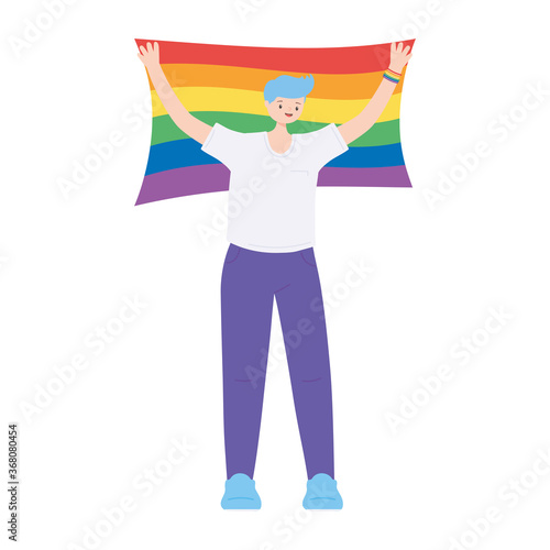 lgbtq community pride, young man with rainbow flag character isolated icon design
