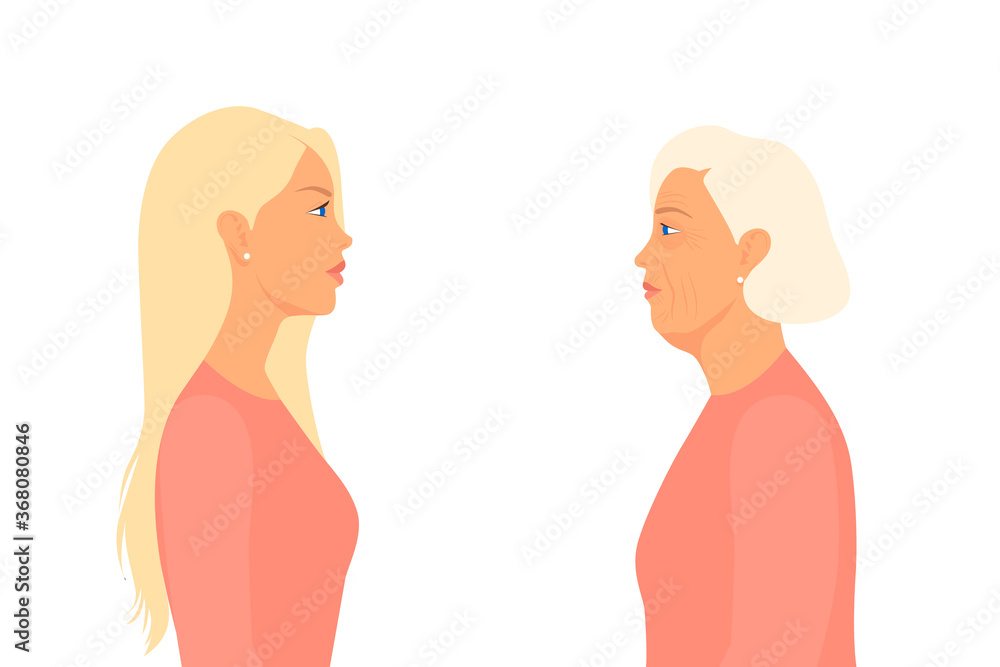 Young and Old Woman Look at Each Other in the Distance. Quarantine, Coronavirus Concept. COVID-2019. Mom, Daughter, Grandmother, Youth, Old Age, Age-related Changes. Vector in Flat Style. Side View Young and Old Woman Look at Each Other in the Distance. Quarantine, Coronavirus Concept. COVID-2019. Mom, Daughter, Grandmother, Youth, Old Age, Age-related Changes. Vector in Flat Style. Side View