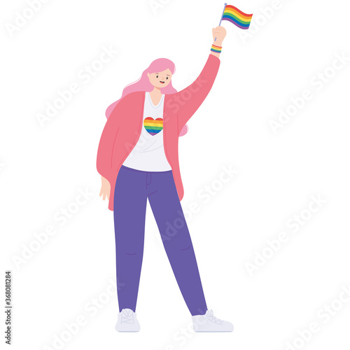lgbtq community pride, young woman rainbow flag cartoon isolated icon design