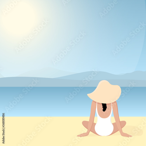 A young white girl in a white swimming suit and a large straw hat is sitting on the beach and looking out at the sea. Vector stock flat illustration with empty space for your text.