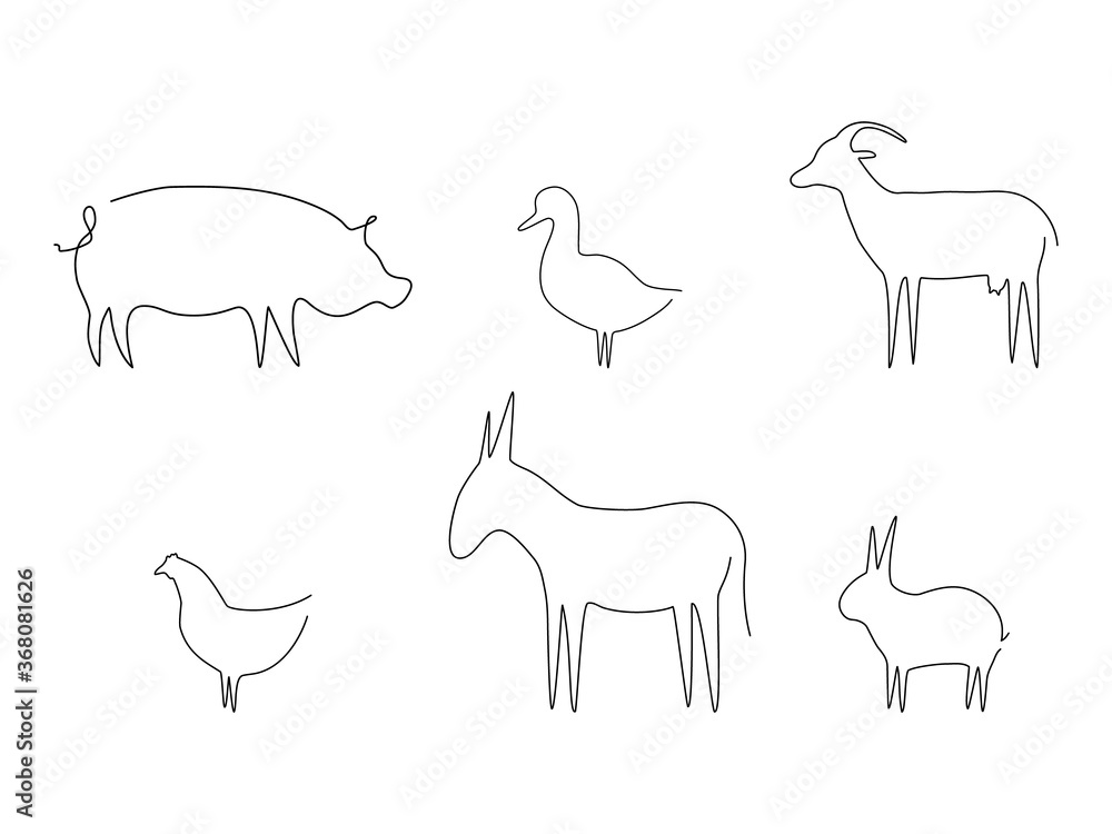 Farm animals line set vector illustration. Pig, duck, goat, chicken, rabbit and donkey isolated on white. Domestic animals collection. Continuous line drawn animal group.