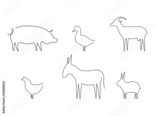 Fototapeta Naklejka Na Ścianę i Meble -  Farm animals line set vector illustration. Pig, duck, goat, chicken, rabbit and donkey isolated on white. Domestic animals collection. Continuous line drawn animal group.