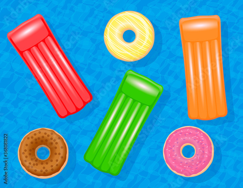 Inflatable air mattresses and donut swim rings in a pool. Colorful set floating on blue water, symbol for group travel fun or young and friendly vacation destinations. Vector illustration.
