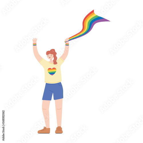 lgbtq community pride, young woman with rainbow flag cartoon isolated icon design