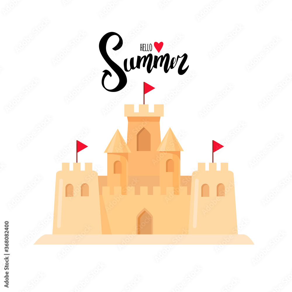 Summer postcard. Calligraphic inscription Hello Summer. Sand castle. Cartoon design. Vector stock illustration. Isolated on a white background. Summer postcard. Calligraphic inscription Hello Summer. Sand castle. Cartoon design. Vector stock illustration. Isolated on a white background.