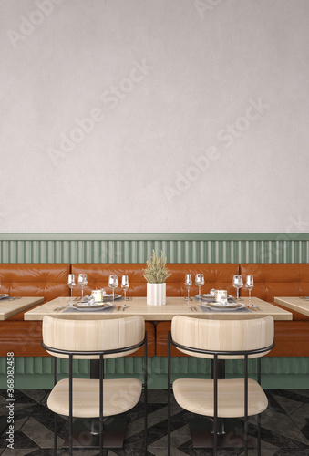 Fototapeta Naklejka Na Ścianę i Meble -  Restaurant interior with sofa,chairs tables and white wall background.3d rendering