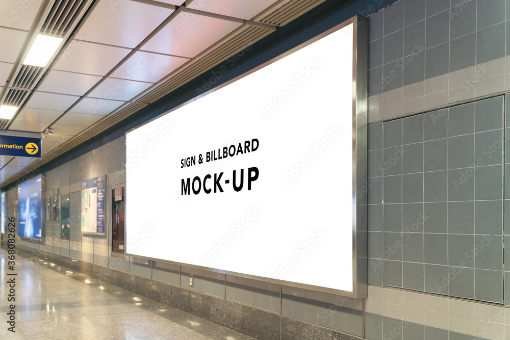 Blank billboard in underground passage. Blank lightbox in modern interior hall. Useful for your advertising. Blank billboard in underground passage. Blank lightbox in modern interior hall. Useful for your advertising.