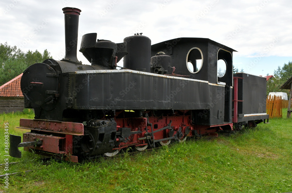 Naklejka premium A close up on an old steam train made out of metal and painted black and red standing in the middle of a field or meadow nearby a hut with a slanted roof seen on a cloudy summer day in Poland