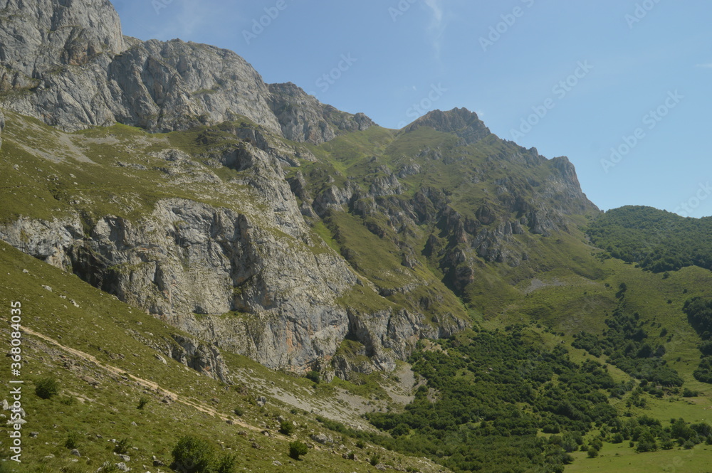 The dramatic landscape in the Picos de Europa mountains in Cantabria and Castile and Leon in Spain