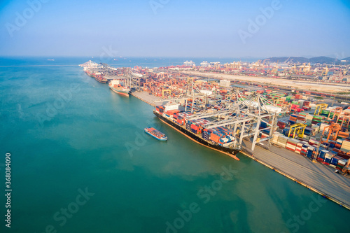 Large container shipping boat at shipping yard main transportation of cargo container shipping
