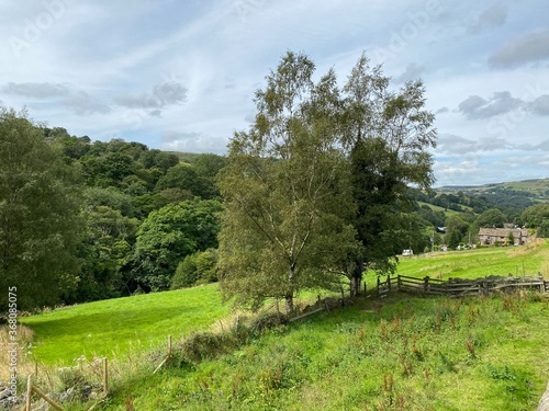 Looking over a dry stone wall, with trees fields, meadow, and farm buildings near, Cragg Road, Sowerby Bridge, UK