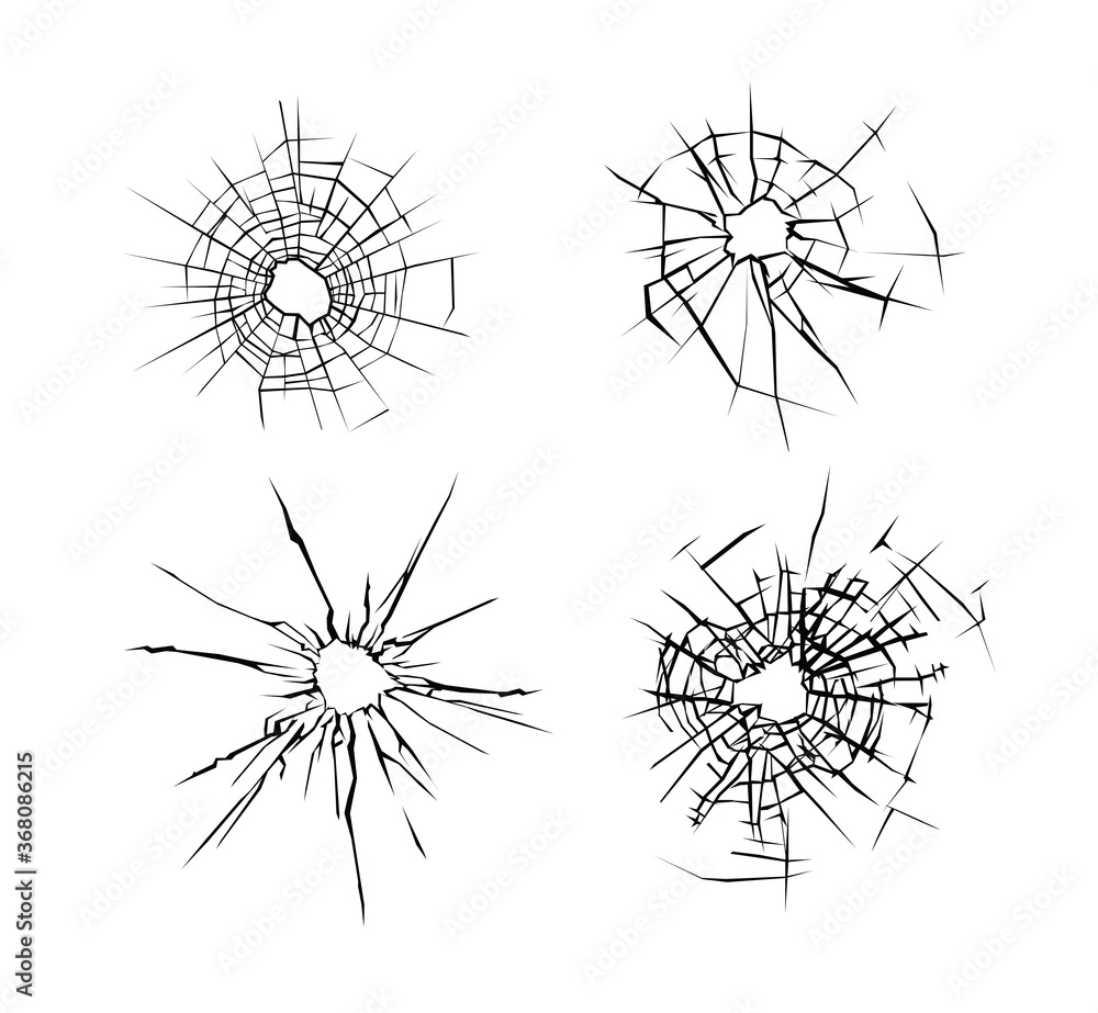 Broken glass. Set of cracked glass surface silhouette. Broken window or mirror after bullet. Vector illustration Broken glass. Set of cracked glass surface silhouette. Broken window or mirror after bullet. Vector illustration