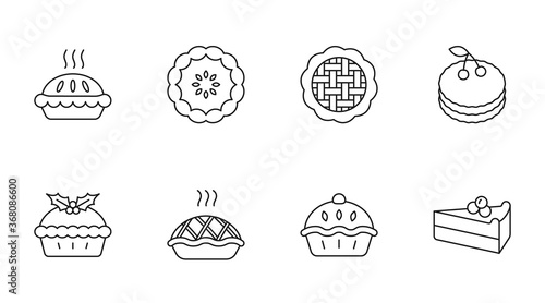 Vector pie, cake icons. Editable stroke. Apple strawberry dessert with pumpkin jam cheesecake. Christmas with mistletoe, sweet with cherry