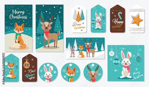 Big set of cute animal and christmas hand drawn art design elements baubles  gift  star. Woodland animals vector illustration tags  post card