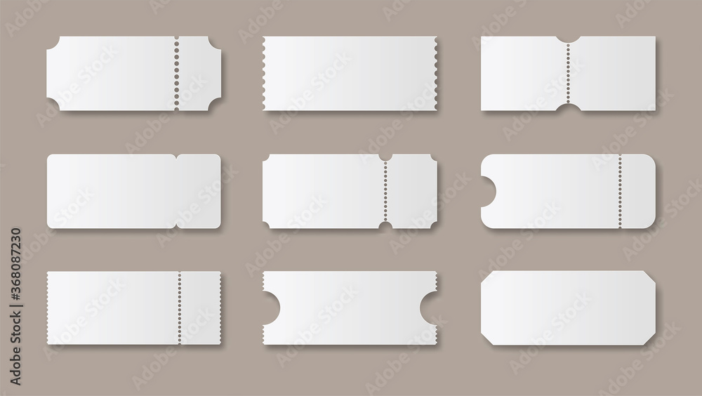 Blank ticket template set. White clear ticket for festival concert and cinema vector invitation card.