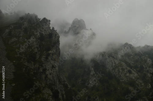 The dramatic landscape of the Picos de Europa mountains in Cantabria and Castile and Le  n in Spain