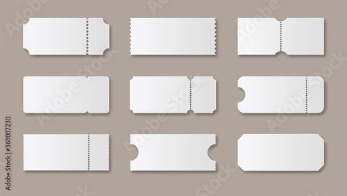 Blank ticket template set. White clear ticket for festival concert and cinema vector invitation card.