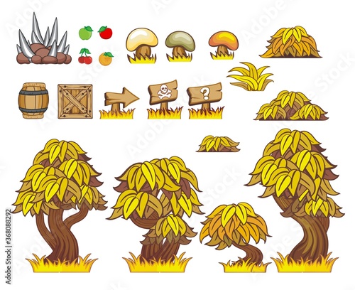 set of game assets, icon, element, tileable seamless tileset,
Useful for  creating mobile and 2d game, 
isolated on white background