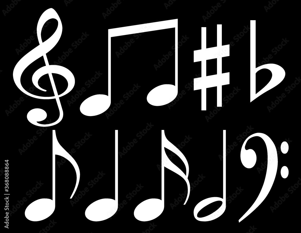 Fototapeta premium White musical notes on a black background. Basic music symbols. Creative illustration. Set of signs.