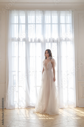 Delicate silhouette of a slender bride in a flowing dress against the background of a window.