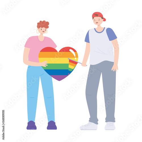 LGBTQ community, celebrating young people with heart flag rainbow, gay parade sexual discrimination protest