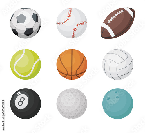 Cartoon balls vector set. Sport balls icons  volleyball  basketball  football  golf  american football  bowling isolated on white background.