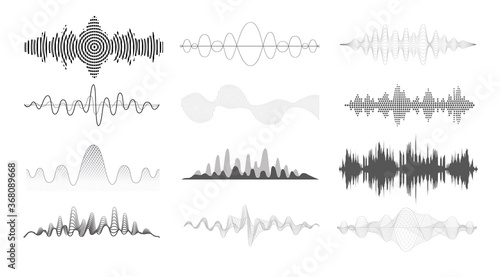 Sound waves set. Audio equalizer technology, volume level symbol, pulse musical, voice line waveform, electronic radio signal, seismic waves.