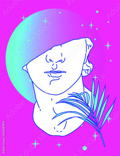 Line art style illustration of fragmentary colossal head of a youth, ancient Hellenistic gypsum sculpture. Vaporwave retrofuturistic print for apparel, wall poster or cover.