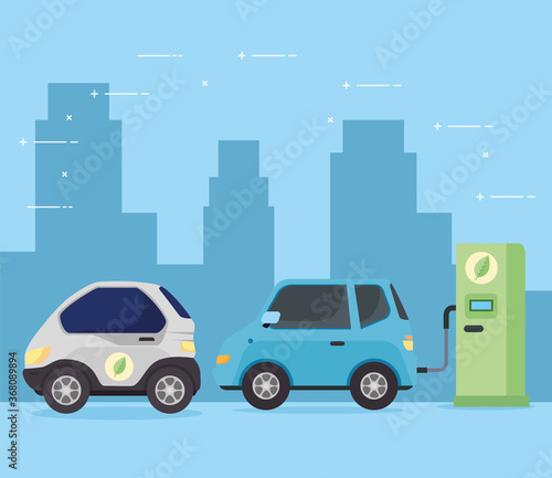 Fototapeta Naklejka Na Ścianę i Meble -  electric vehicles cars in charging station road vector illustration design