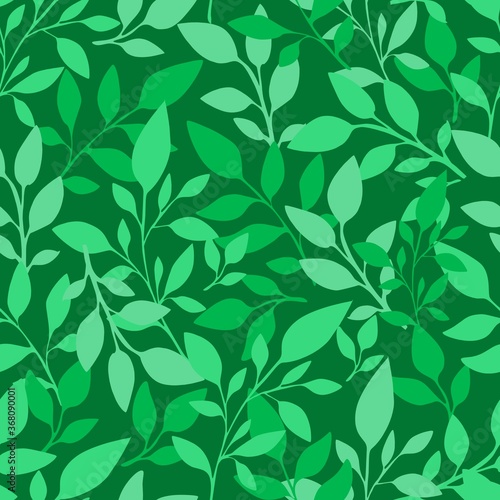 Seamless green pattern with a leaves and plants, spring summer wallpaper, can be used for textile printing, nature illustration