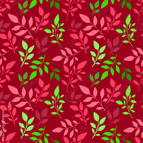 Seamless floral pattern with green and pink leaves on the purple background, can be used for textile printing, wallpaper, ad, banners 