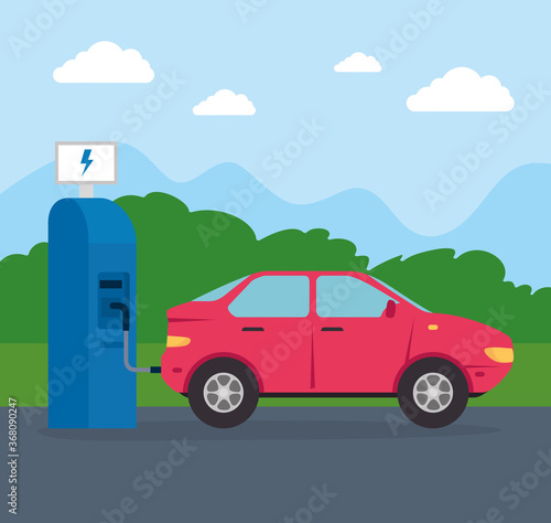 Fototapeta Naklejka Na Ścianę i Meble -  electric vehicle car in charging station road vector illustration design