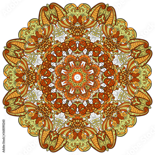 Mandala, tracery wheel mehndi design. Ethnic ornament, colorful doodle symmetry texture. Folk traditional spiritual tribal design.  Curved shape, isolated on white. Color art. Vector